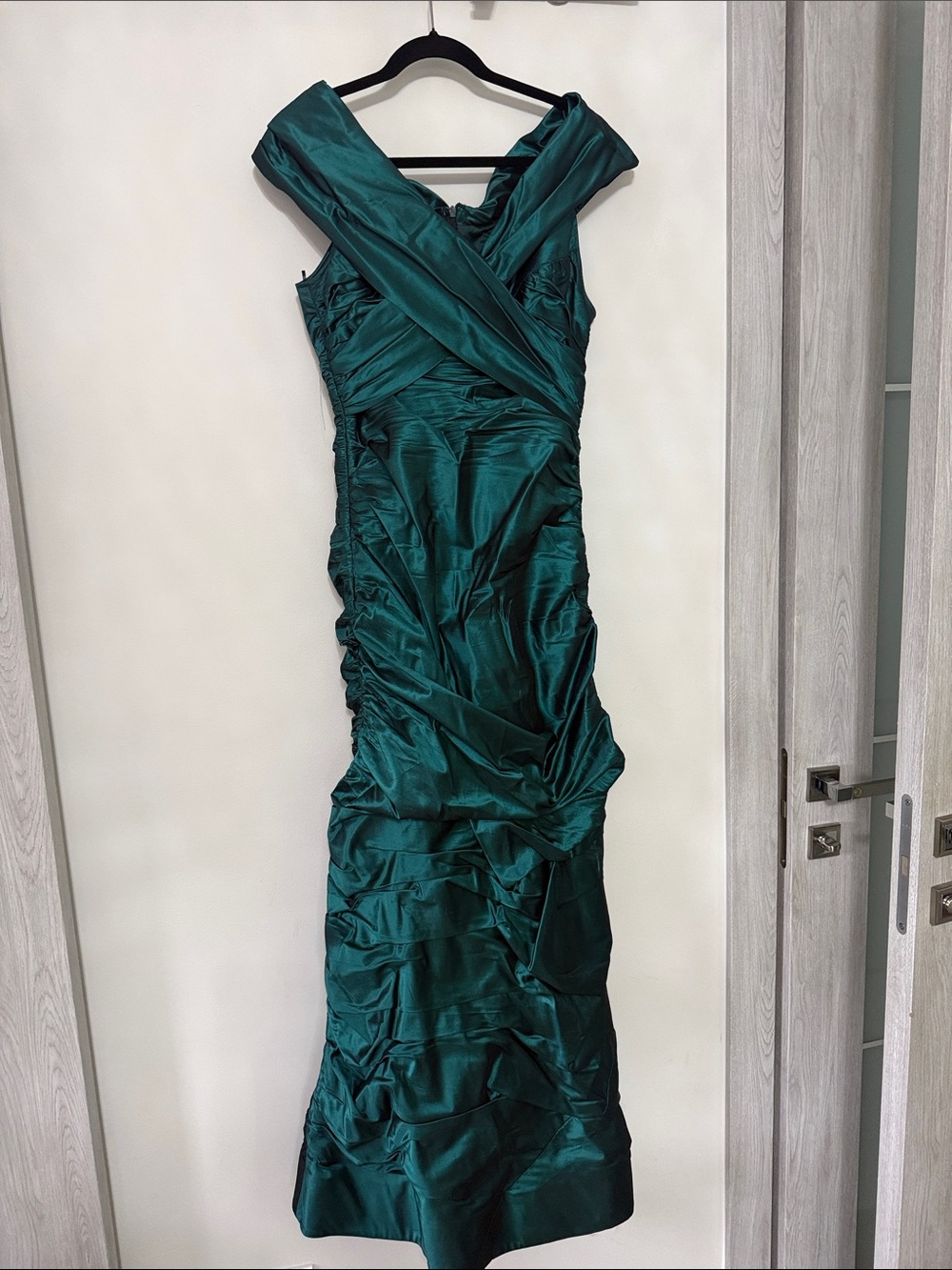 Rickie Freeman for Teri Jon Teal Satin One-Shoulder Ruched Maxi Dress